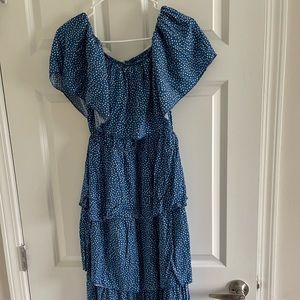 Blue and White Polka Dot Off The Shoulder Ruffle Midi Dress